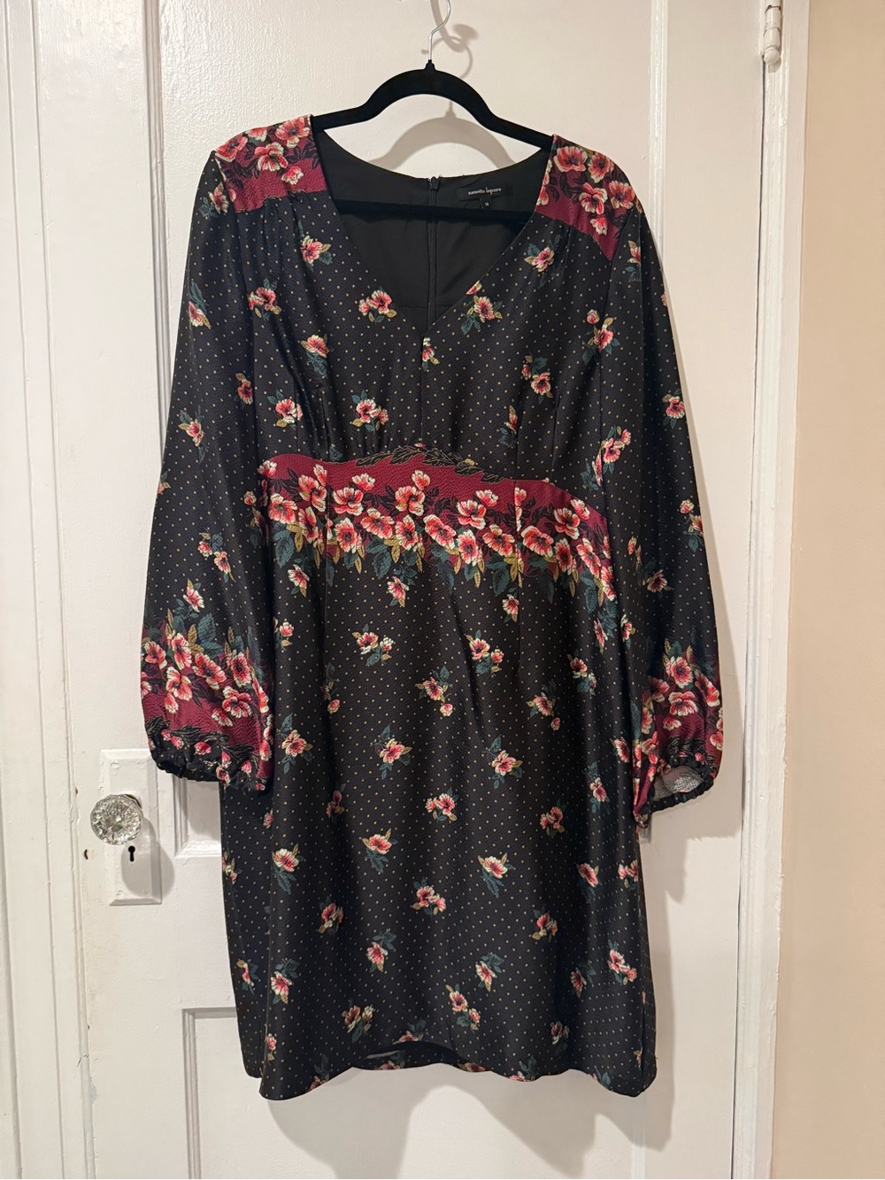 Nanette Lepore 100% Silk Floral Dot Long Sleeve Dress in Black and Red size 14